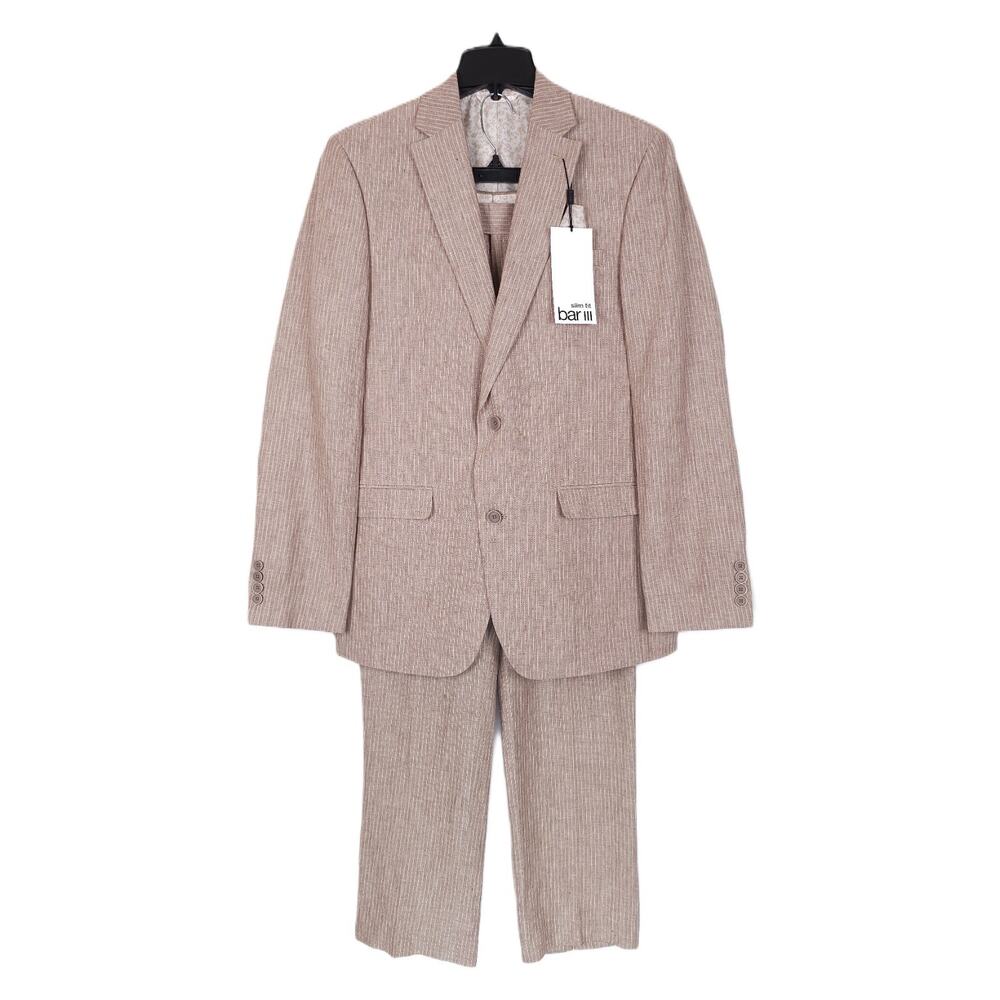 Bar III Mens Slim Fit 2 Piece Linen Suit 38L 31x32 Tan Pinstripe NWT